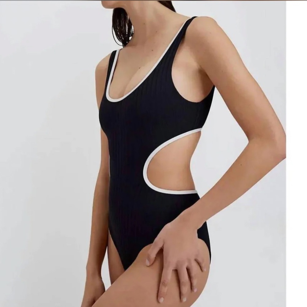 SOLID & STRIPED Black and White Sarah ribbed one piece